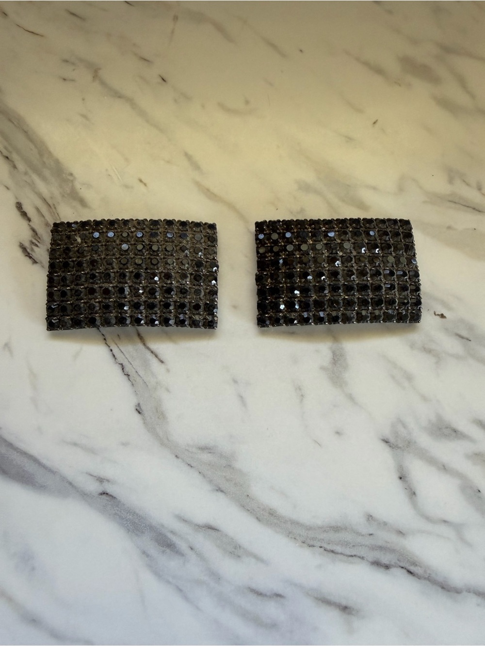 Vintage Black Rhinestone Mesh Shoe Clips Pair Silver Tone Evening Glamour